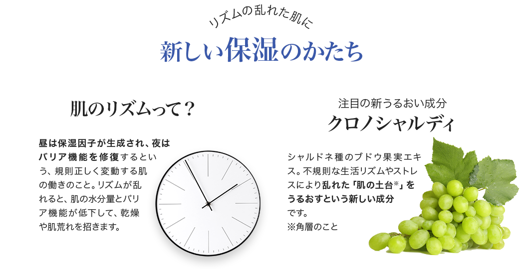 肌のリズムって？昼は保湿因子が生成され、夜はバリア機能を修復するという、規則正しく変動する肌の働きのこと。リズムが乱れると、肌の水分量とバリア機能が低下して、乾燥や肌荒れを招きます。