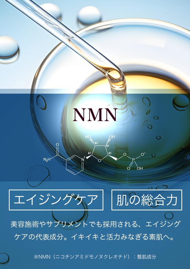 NMN エイジングケア 肌の総合力 美容施術やサプリメントでも採用される、エイジングケアの代表成分。イキイキと活力みなぎる素肌へ。