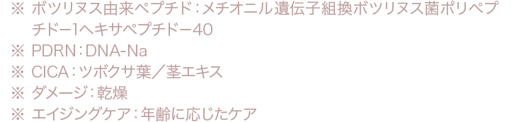 ※ボツリヌス由来ペプチド：メチオニル遺伝子組換ボツリヌス菌ポリペプチド－1ヘキサペプチド－40※PDRN：DNA-Na※CICA：ツボクサ葉／茎エキス※ダメージ：乾燥※エイジングケア：年齢に応じたケア 